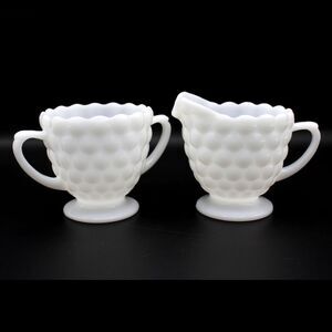 Vintage Anchor Hocking Milk Glass Bubble Pattern Footed Sugar and Creamer Set